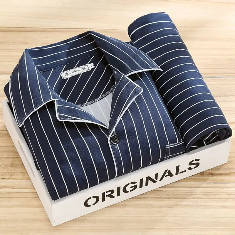 100% High-end Pajamas Men's Spring Autumn Striped Long-sleeved Trousers Pijamas Two-piece 2025 New Loose Nightwear Homewear Set