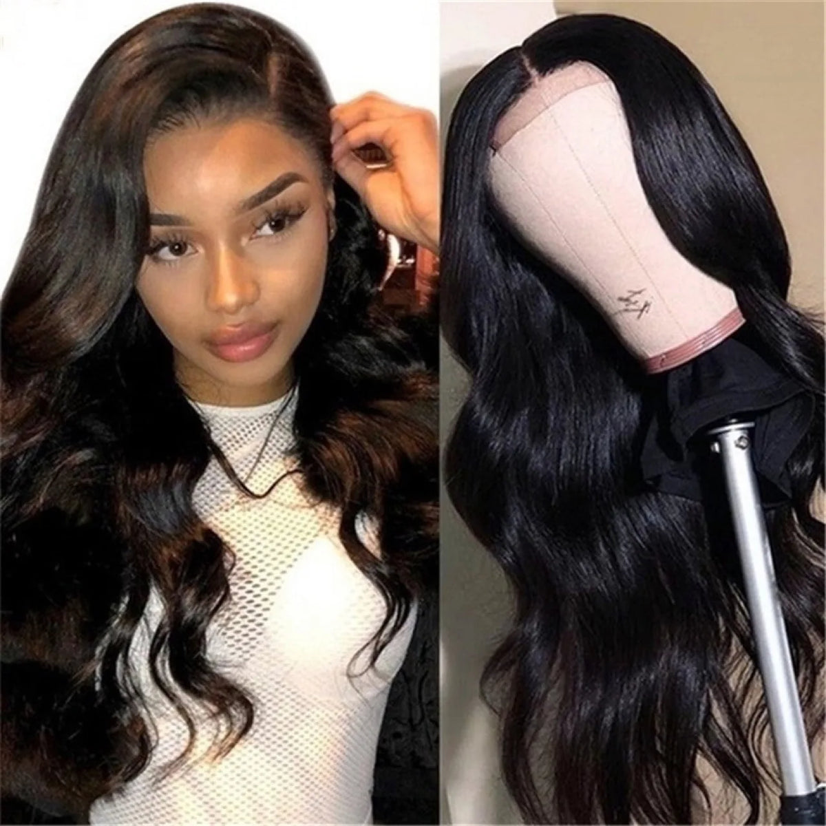 High Quality Synthetic Fiber Hair Heat Resistant Wig Long Curly Big Wave Black Front Lace Wig Average Size of Human Hair Set
