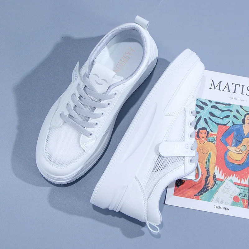 Comfortable PU Leather Tennis Shoes Low Top Lace Casual Sneakers Mesh White Flat Sneakers for Summer