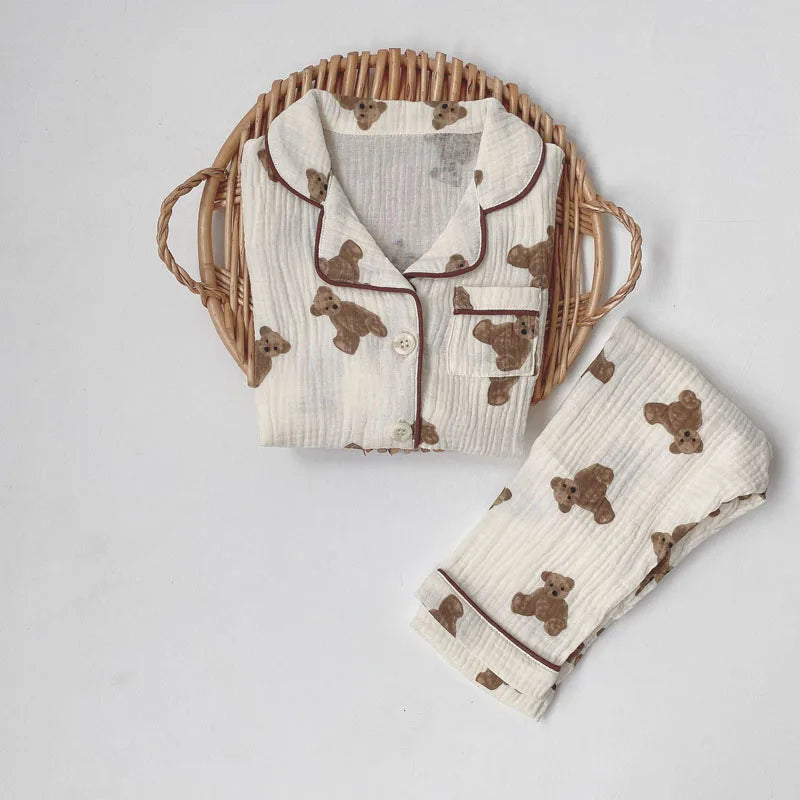 2Pcs Autumn New Kids Pajamas Korean Long Sleeve Print Bear Cardigan And Pants Cotton Musline Yarn Sleepwear