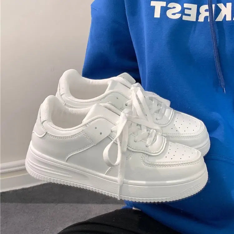 White Spring Autumn New Thick-Soled Synthetic Upper Rubber Outsole Round-Toe Lace-Up Sneakers Shoes