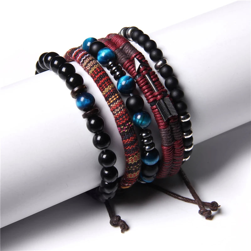 Handmade Bracelets Set Men Black Onyx Stone Beads Bracelet Women Braid Adjustable Arrow Charm Pulsera Faceted Hematite Jewelry