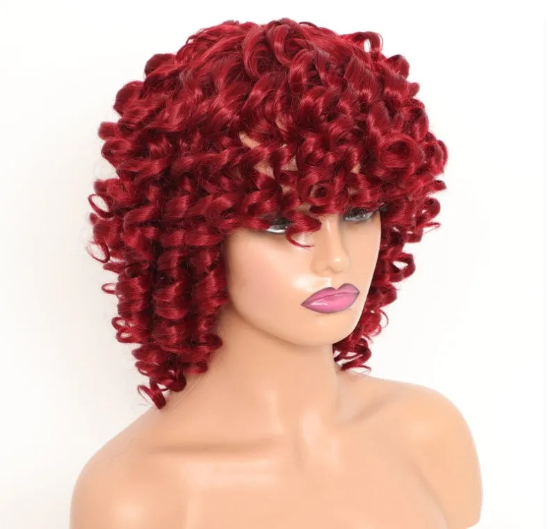 Synthetic  With Bangs Black Red Hair Shoulder Length Heat Resistant Fiber for Africa America Black Women  Afro Kinky Curly Wig