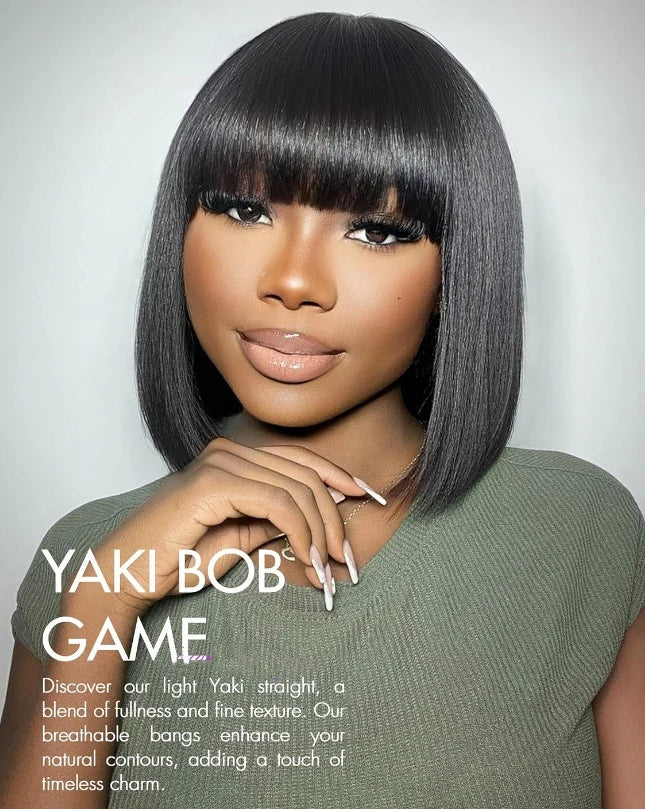 10 Inch Yaki Kinky Straight Hair Wigs High Quality Short Natural Layered Bob Heat Resistant Glueless Synthetic Hair Wig