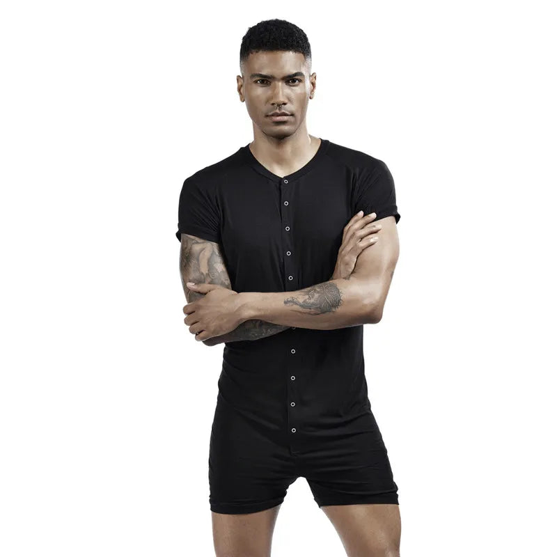 Men's Comfortable Solid Color One-Piece Pajamas with Snap Buttons Super Elastic Sleepwear Jumpsuit for Home
