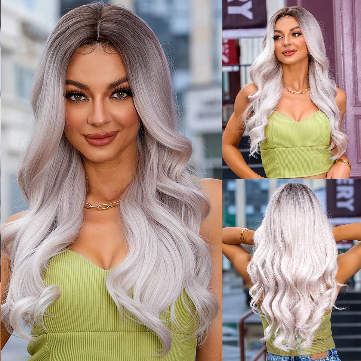 26inch Synthetic Fiber Wig Factory Natural Wavy Blonde with White Highlights Ombre Water Wave Wig with Elastic Cap Real Photo