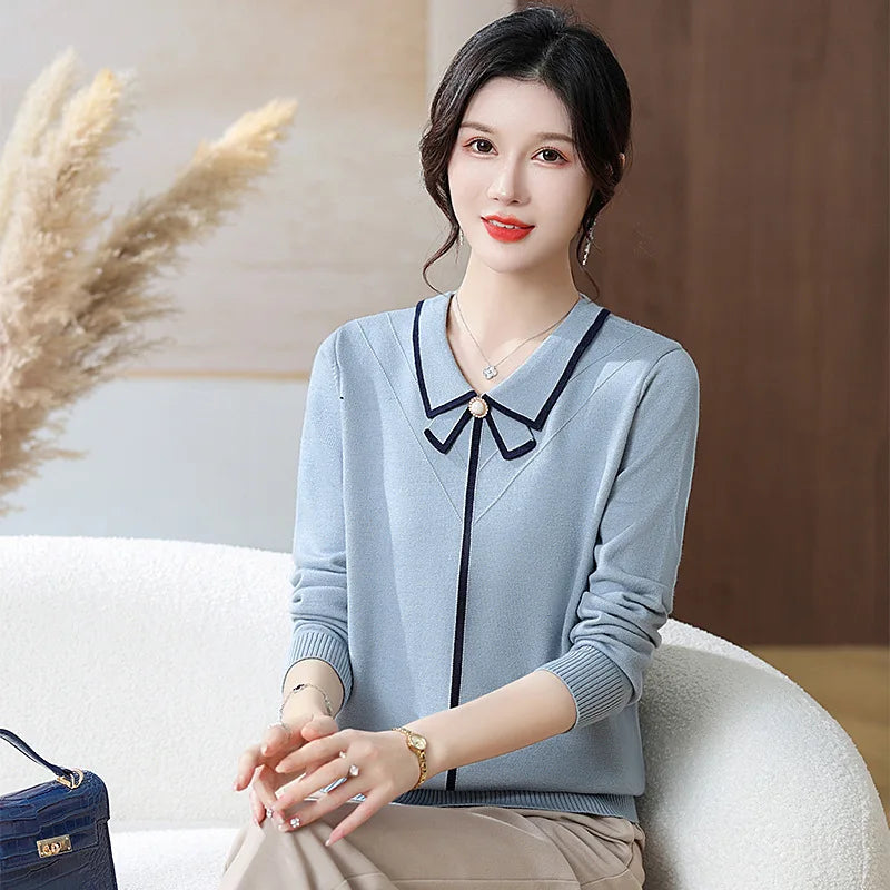 Fashion Lady Slash Collar Long Sleeve Elegant Sweater Shirt