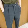 Men Casual Suit Pants Business Pockets Outdoor Button Zipper Casual Slim Suit Trousers British Style Long Pencil Cropped Pants
