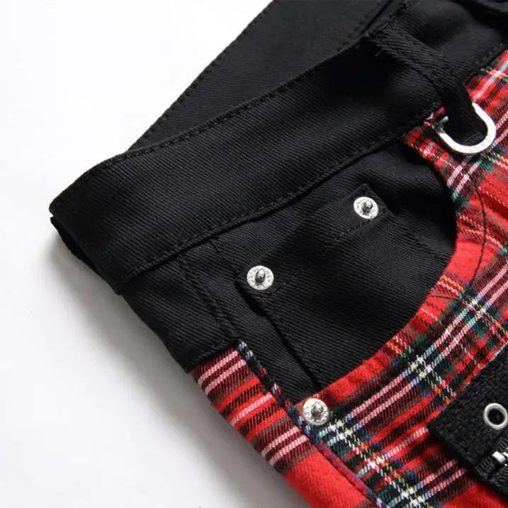 Korean Fashion Red Plaid Patchwork Punk Rivet Men Slim Jeans Trousers Skull Letters Print Hip Hop Chain Denim Pants