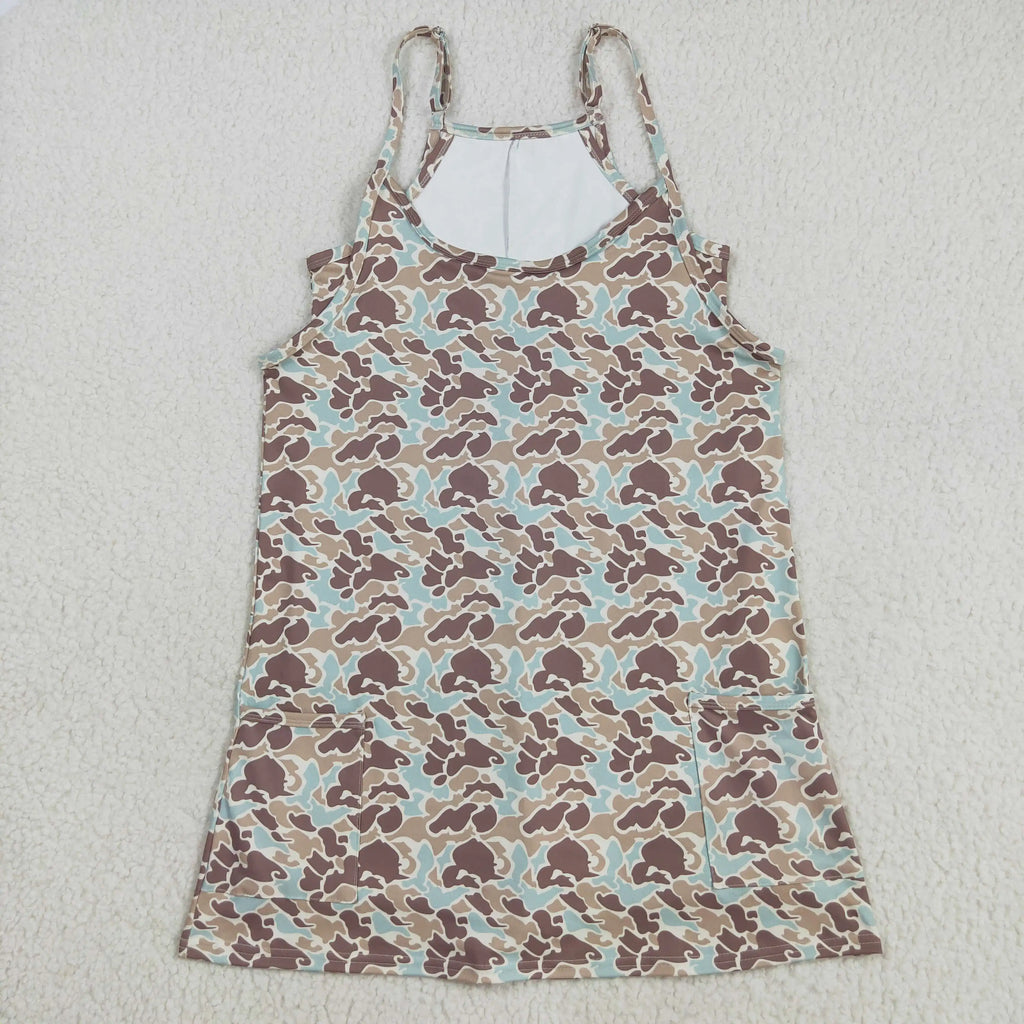 USA Warehouse Adult Women Strap Grey Camo Yoga Active Pockets Short Wholesale Boutique Knee Length Dress Ready to Ship No moq