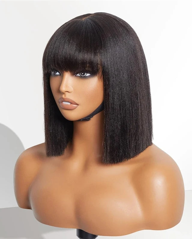 10 Inch Yaki Kinky Straight Hair Wigs High Quality Short Natural Layered Bob Heat Resistant Glueless Synthetic Hair Wig
