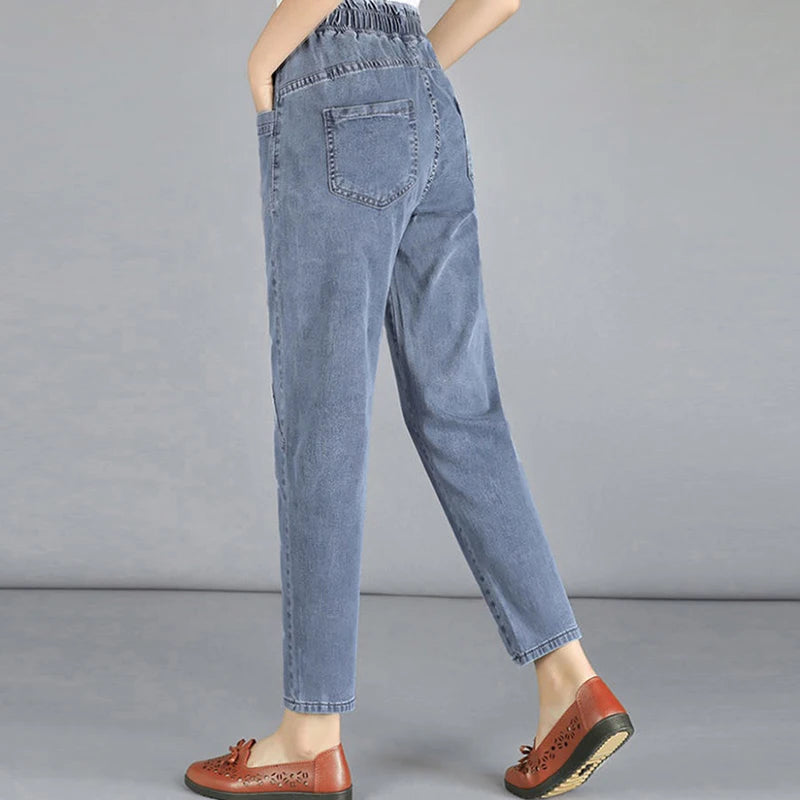 Women Plus Size 4xl Casual Denim Ankle-length Pants Vintage Mom Baggy Vaqueros Elastic High Waist Spring Summer Harem Jeans