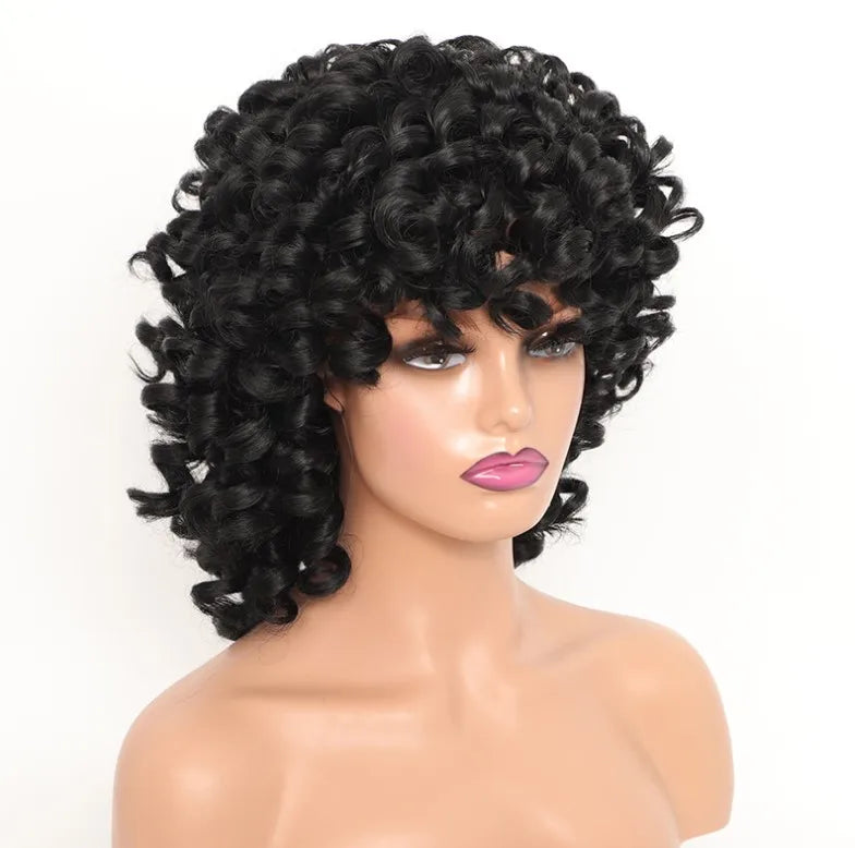 Synthetic  With Bangs Black Red Hair Shoulder Length Heat Resistant Fiber for Africa America Black Women  Afro Kinky Curly Wig