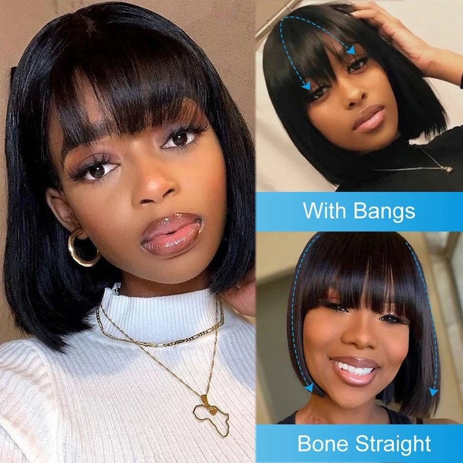 3X1 Full & Short Bob Wig Glueless Brazilian Human Hair Machine Made Bone Straight with Bangs for Women