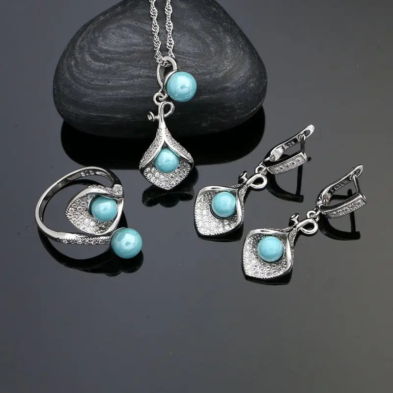 925 Silver Jewelry Sets For Women Party Accessories Blue Pearl Beads White Crystal Earrings Necklace Peandant Ring Set