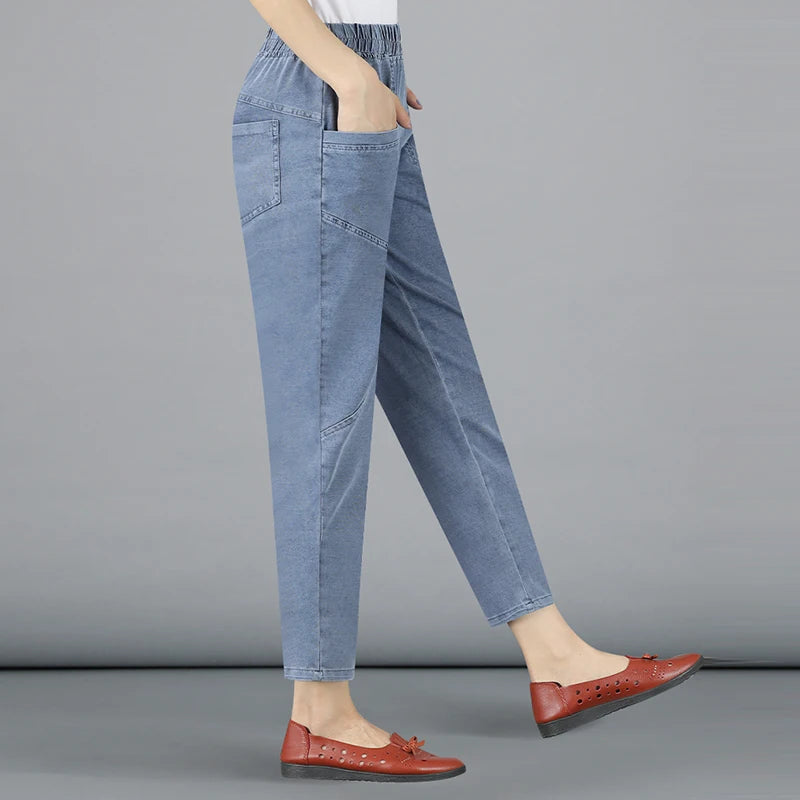 Women Plus Size 4xl Casual Denim Ankle-length Pants Vintage Mom Baggy Vaqueros Elastic High Waist Spring Summer Harem Jeans