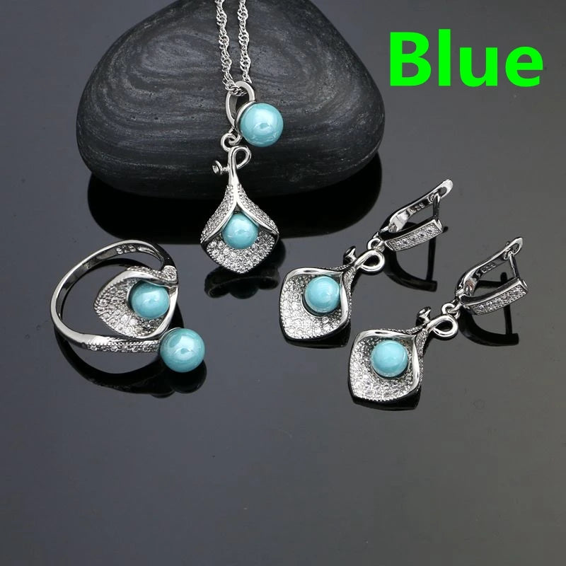 925 Silver Jewelry Sets For Women Party Accessories Blue Pearl Beads White Crystal Earrings Necklace Peandant Ring Set