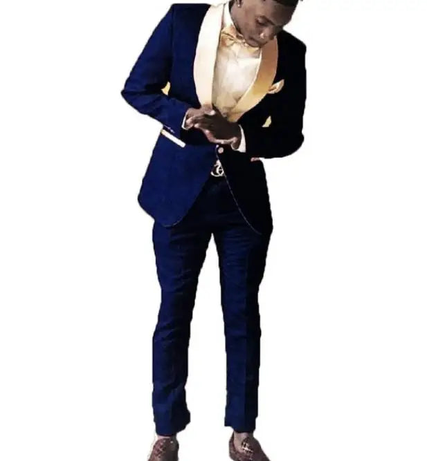 HD244 Groomsmen Royal Blue Groom Tuxedos Shawl Gold Lapel Men Suits 2 Pieces Wedding Bridegroom ( Jacket+Trousers+Tie)