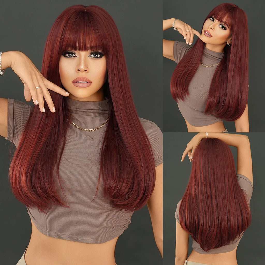 Burgundy Wine Red Wigs for Women Long Straight Wig with Bangs Natural Fashion Soft Cabello Natural Peluca