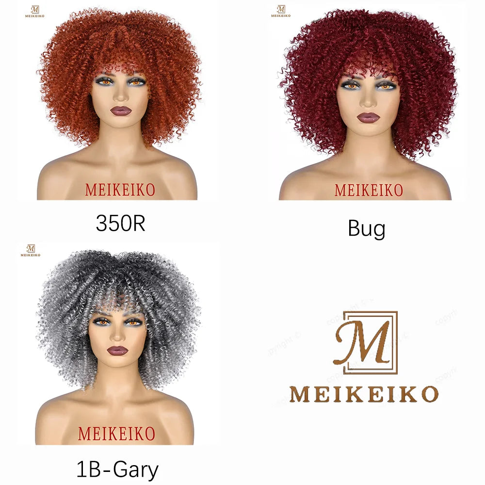 Short Hair Afro Kinky Curly Wigs With Bangs African Synthetic Ombre Glueless Cosplay Wigs for Black Women High Temperature