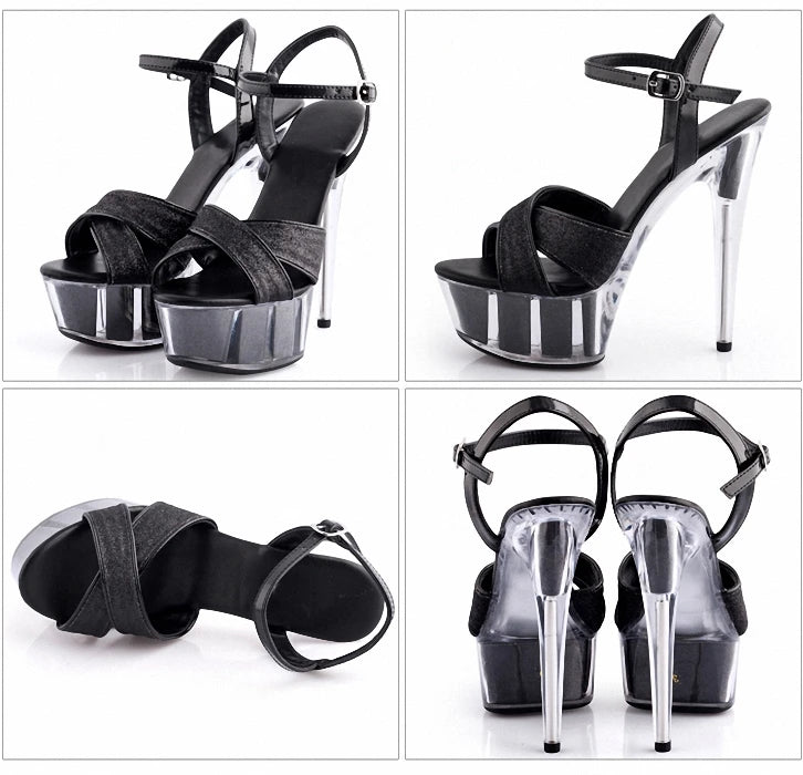 Red 15cm Pole Dance Transparent Crystal Bottom High Heels Summer Leaky Toe Platform Striptease Shoes Women's Large Sandals