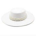 Fedora Hat For Women Temperament Elegant Beige Flat Top Jazz Caps 10CM Wide Brim Pearl Decoration Lady Wedding Dress Hat