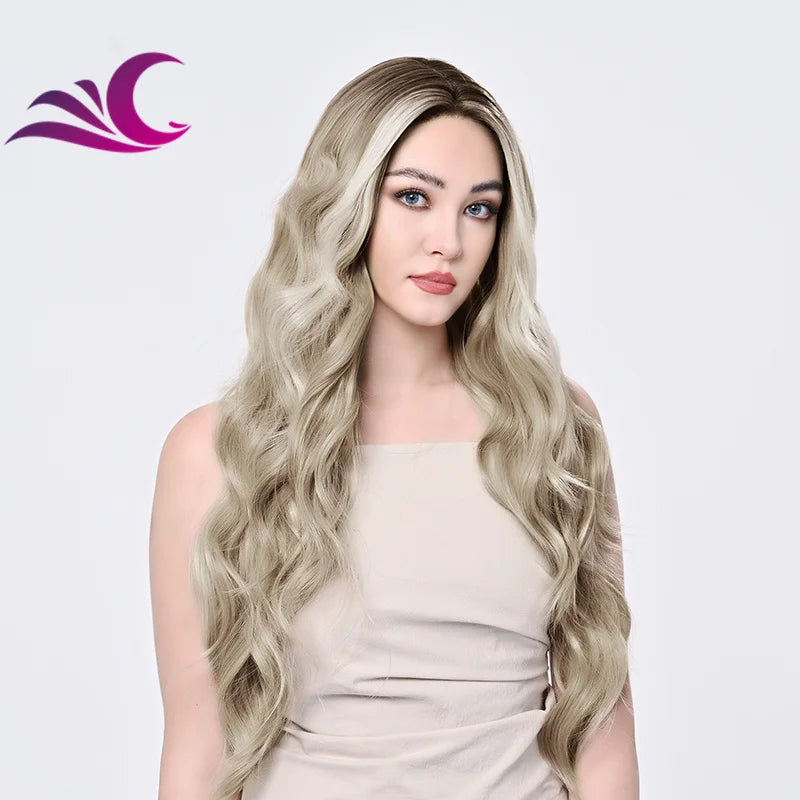 Highlight Mix Ice Blonde Ombre Colorful Middle Part Wig Long Wavy Pre-Plucked Synthetic Lace Front Wig