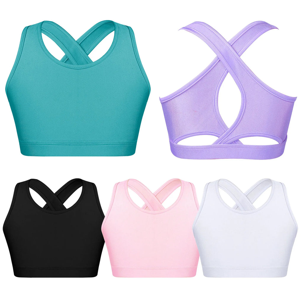 Kids Girls Sports Tracksuit Bra Vest Sleeveless Keyhole Back Camisoles Gymnastic Costume Street Dancewear for Running Gym Yoga