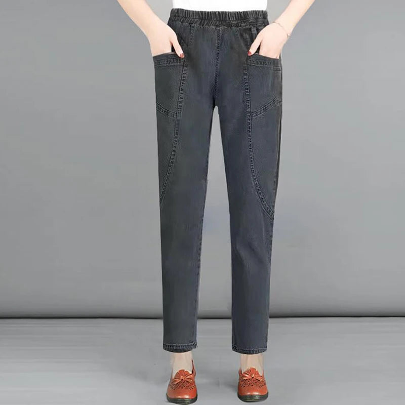 Women Plus Size 4xl Casual Denim Ankle-length Pants Vintage Mom Baggy Vaqueros Elastic High Waist Spring Summer Harem Jeans