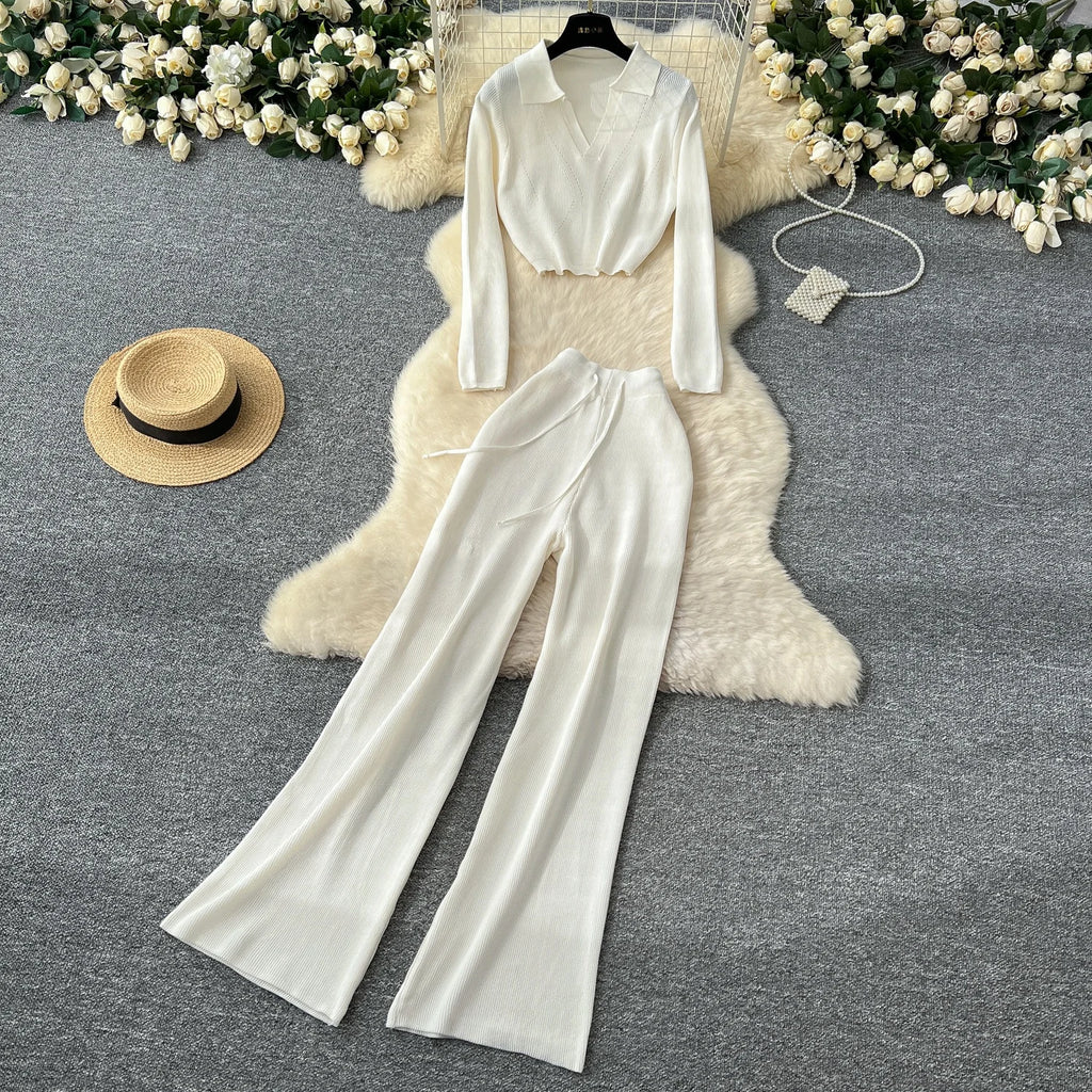 Fashion Sweater Set Women's Loose Casual Retro Lapel Short Long-sleeved Sweater Women's High-waisted Wide-leg Pants