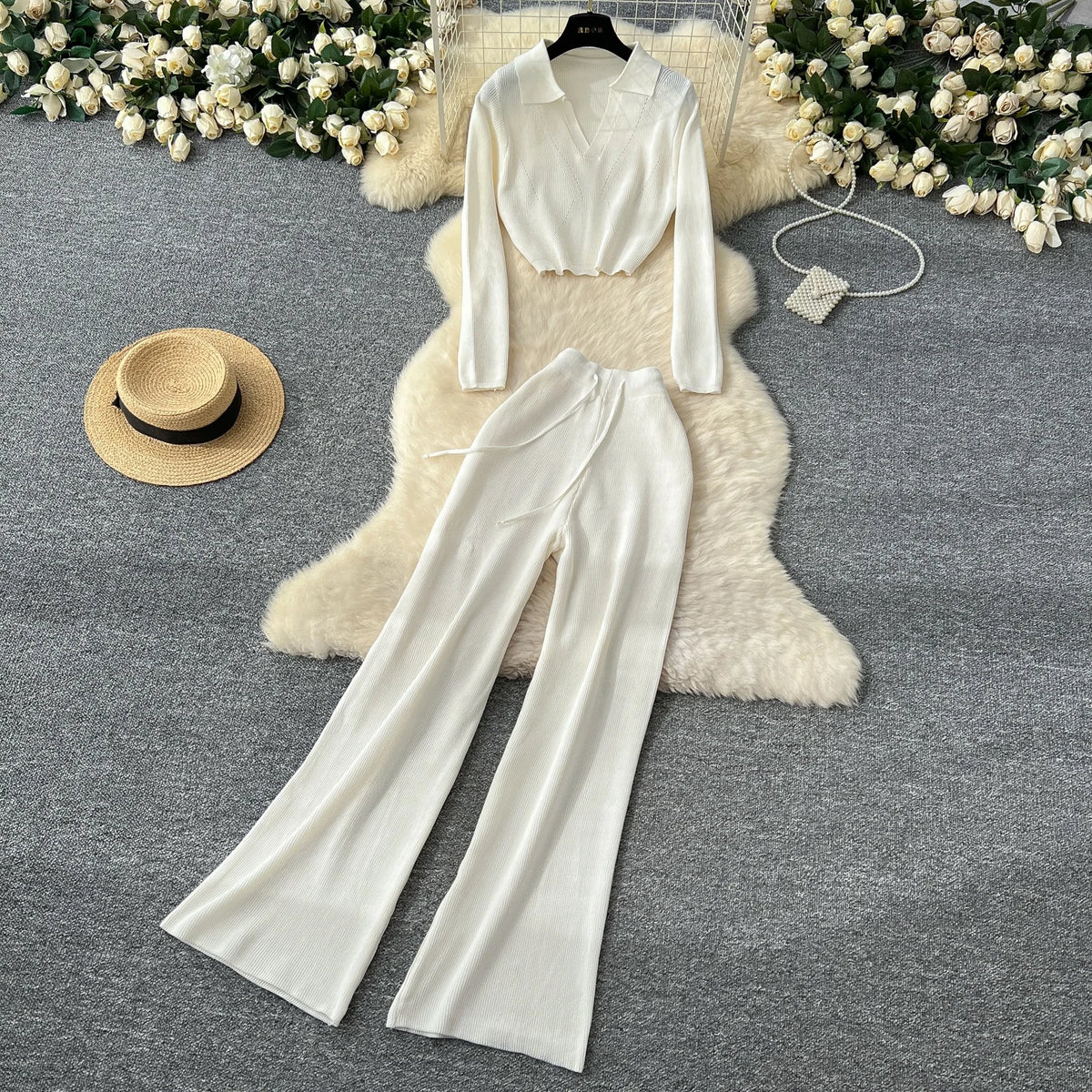 Fashion Sweater Set Women's Loose Casual Retro Lapel Short Long-sleeved Sweater Women's High-waisted Wide-leg Pants