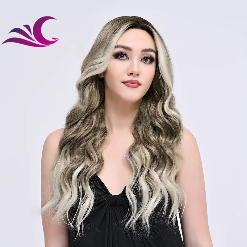 Highlight Mix Ice Blonde Ombre Colorful Middle Part Wig Long Wavy Pre-Plucked Synthetic Lace Front Wig