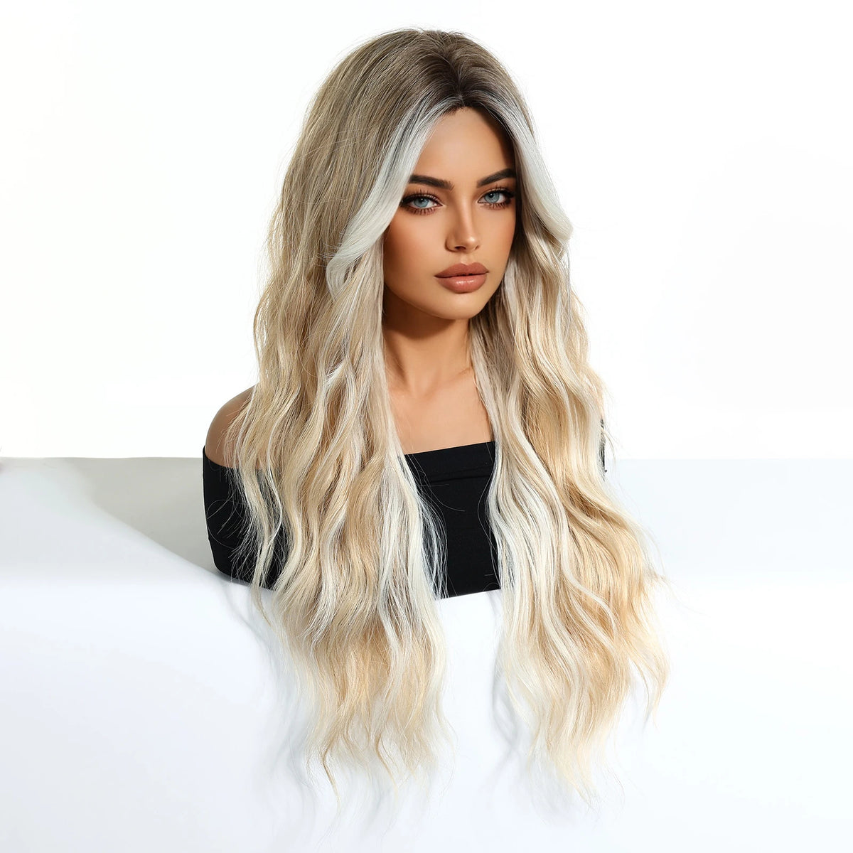 26inch Synthetic Fiber Wig Factory Natural Wavy Blonde with White Highlights Ombre Water Wave Wig with Elastic Cap Real Photo