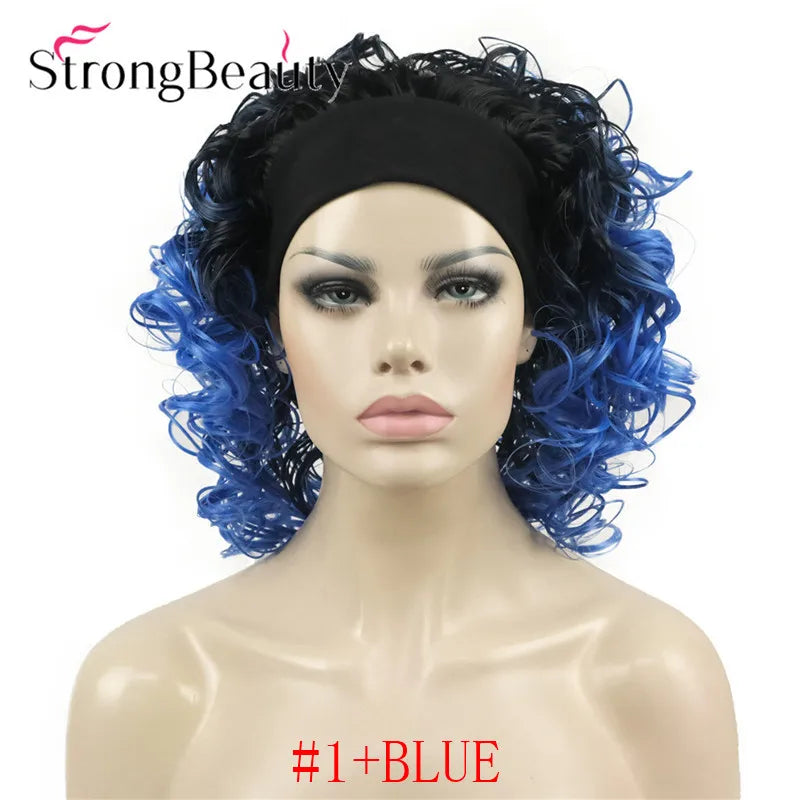 StrongBeauty Short Curly Synthetic Wigs with Headband Women Blue/Gray/Black/Red/Blonde/Brown Wigs 3/4 Half Wig for Lady