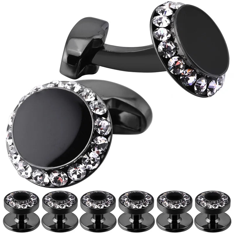 Luxury Cufflinks and Studs Set for Men,Classic Black Enamel&Crystal Tuxedo Shirt Cufflinks set for Wedding Jewelry Accessories