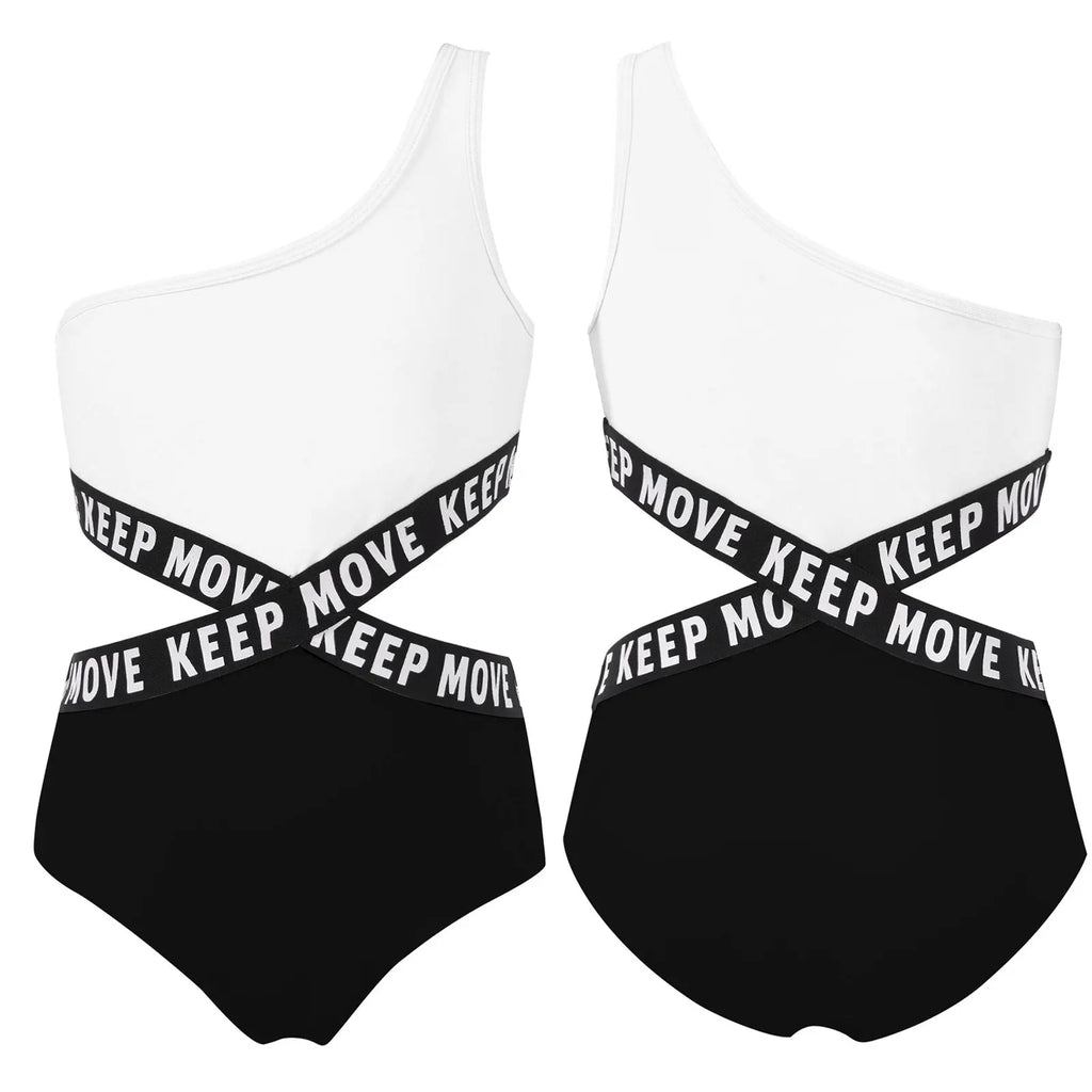 Kids Girls Hollow Out One-piece Swimwear Single Shoulder Letter Print Bodysuit Swimsuit Pool Bathing Suit Beachwear Sportswear