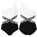 Kids Girls Hollow Out One-piece Swimwear Single Shoulder Letter Print Bodysuit Swimsuit Pool Bathing Suit Beachwear Sportswear