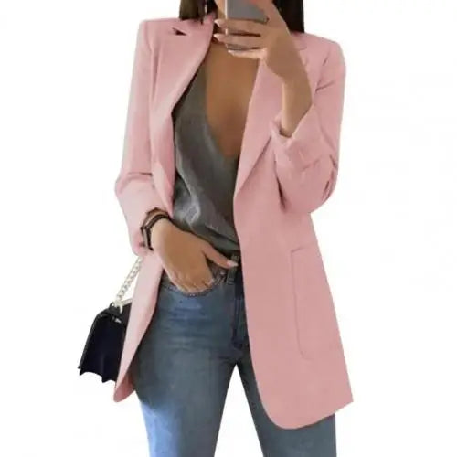 Summer Women Jacket Lapel All match Open Front Stylish Office Lady Slim Suit Overcoat Solid Color Long Blazer