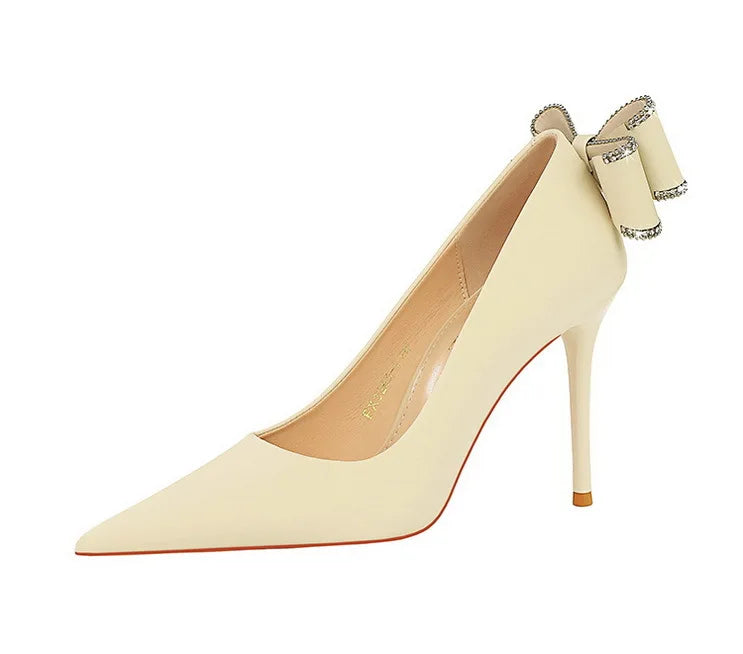 Designer Women's Pumps 20023 Satin Bow Shoes Female Sweet Stiletto Heels for Ladies