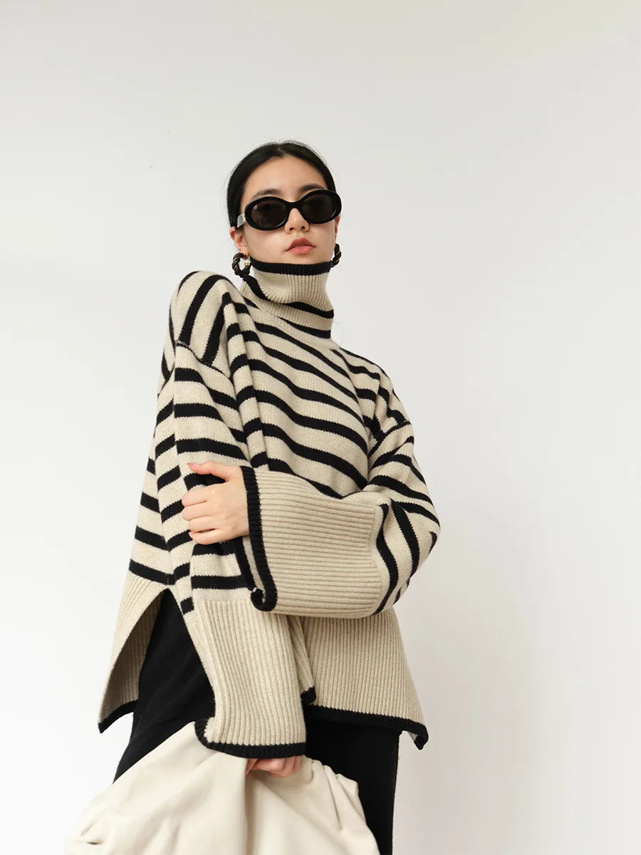 Striped High Neck Sweater for Women's New Autumn Loose Design Sense Knitted Shirt Color Matching Pullover Sweater