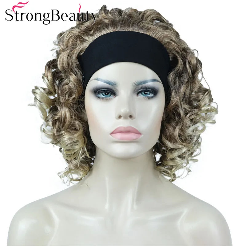 StrongBeauty Short Curly Synthetic Wigs with Headband Women Blue/Gray/Black/Red/Blonde/Brown Wigs 3/4 Half Wig for Lady