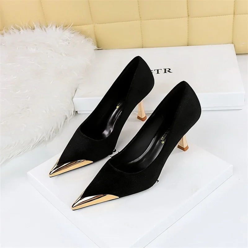 2023 Women's Fashion Kitten Heels New Metal Pointed Suede Party Shoes Slip-On Bridal for Summer