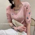 French Graceful Embroidery Flower Knit T Shirt Women Summer 2023 New Sweet V-Neck Short Sleeve Tops Lady Green Fashion Clothing