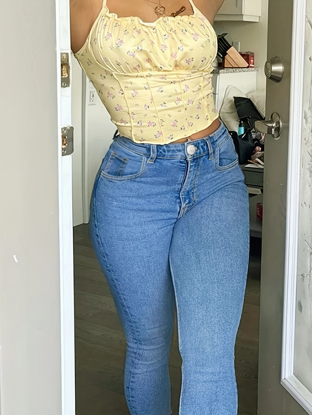 Plus Size Women Light Blue High Stretch Skinny Casual High Waist Straight Full Length Washed Denim Jeans Softener