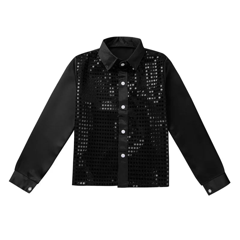 Kids Boys Sequined Shirts Shiny Long Sleeve Shirt Tops Button-Down Shirts Fashion Choir Jazz Dance Costumes Performance Clothes