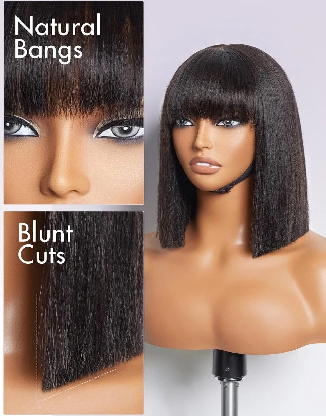 10 Inch Yaki Kinky Straight Hair Wigs High Quality Short Natural Layered Bob Heat Resistant Glueless Synthetic Hair Wig