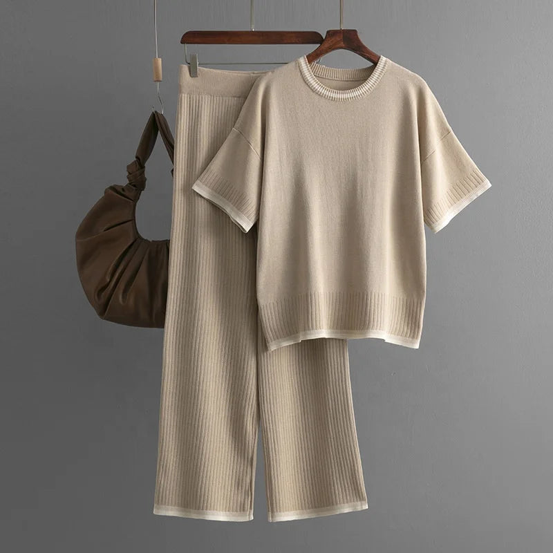 Fashion Women's Loose Sweater Top High Waist Thin Wide Leg Pants Two-piece Set Womens Cotton Knit Pant Sets