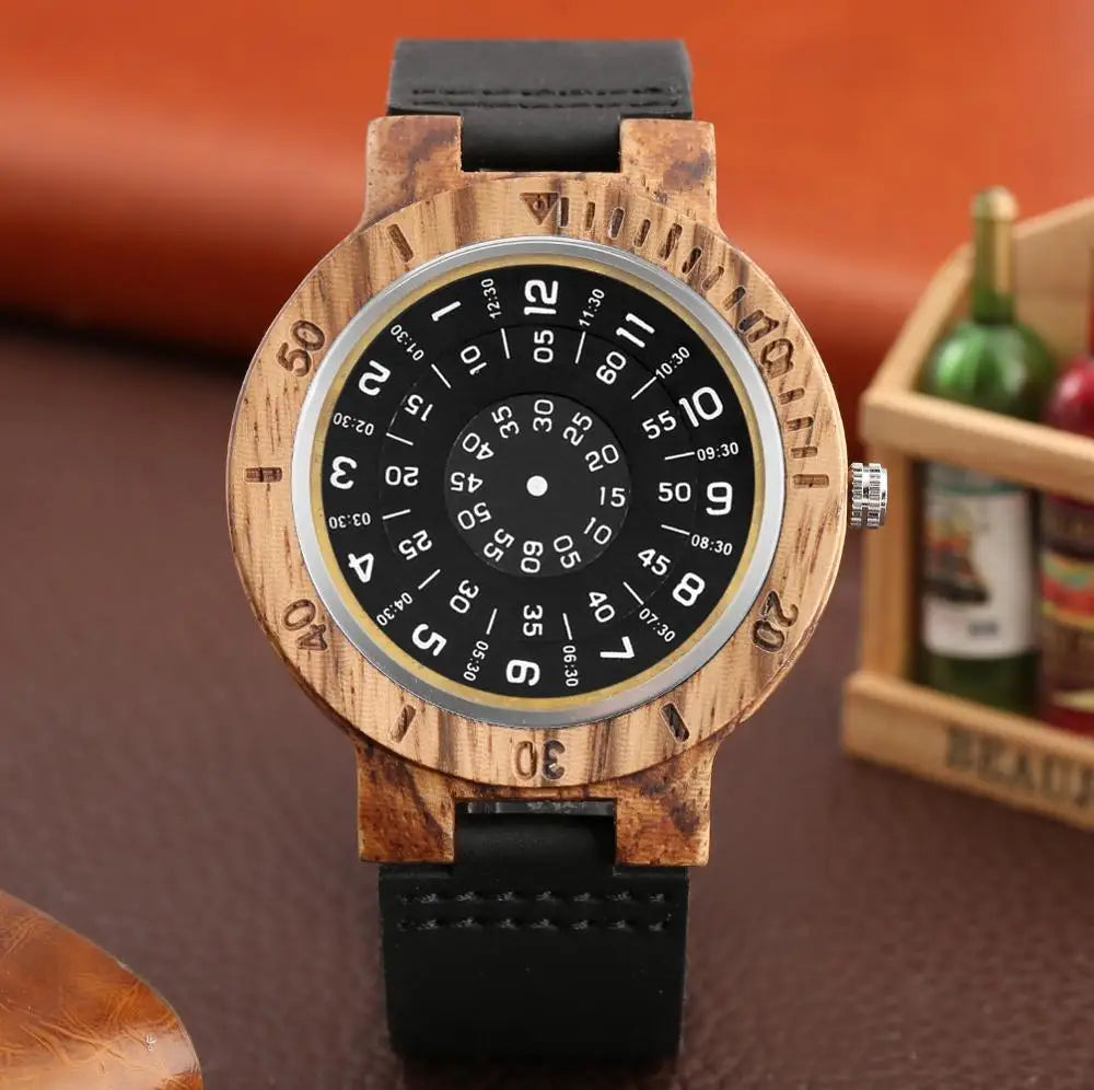 Men's Watches Unique Turntable Dial Watch Special Number Dial Wooden Watch Quartz Clock Male Unisex Leather Band Relojes Hombre