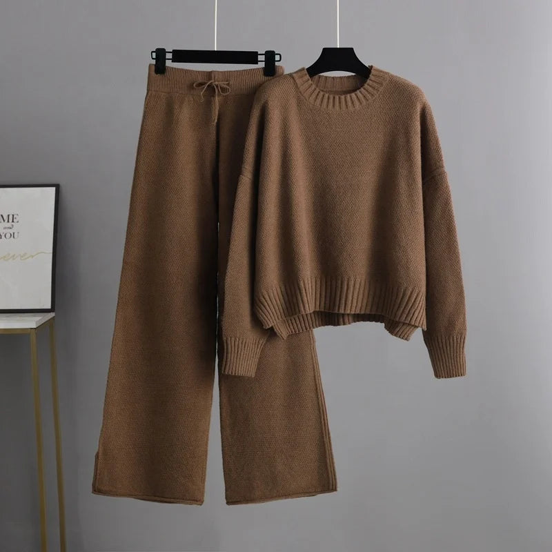 Autumn and Winter New Fashion Casual Knit Suit Pants Women's Version of Loose Sweater Wide Leg Trousers Long Pants Two-piece Set