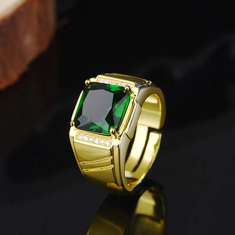 Masculine Green Crystal Emerald Gemstones Diamonds Open Rings for Men 18k Gold Filled Jewelry Trendy Finger Band Accessory Bague